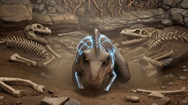 Tyrannosaurus rex emerging from underground fossil site. Predatory dinosaur rising through dirt among ancient skeletal remains. Forward camera movement.