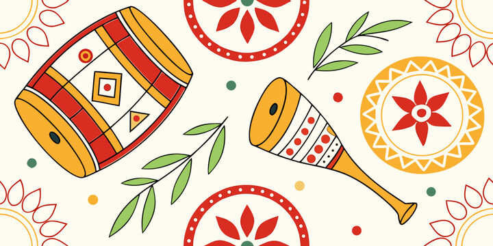 Spring seamless pattern featuring traditional musical instruments and floral motifs, celebrating Bohag Bihu with vibrant colors and intricate designs