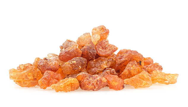 Pile of frankincense resin isolated on a white background. Olibanum aromatic resin for incense and perfume cosmetic. Incense.