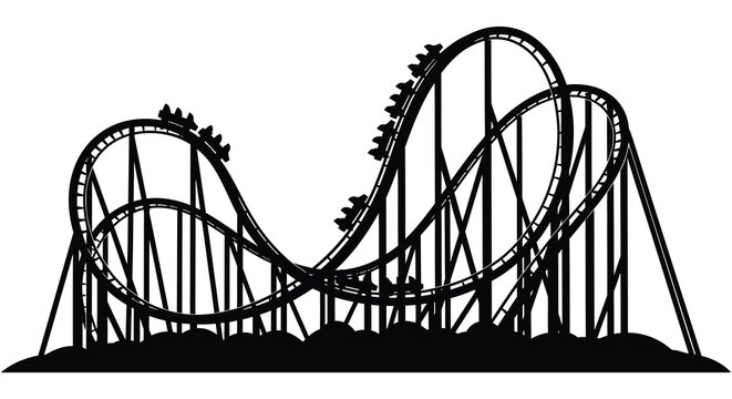 Silhouette of a roller coaster with multiple loops and hills