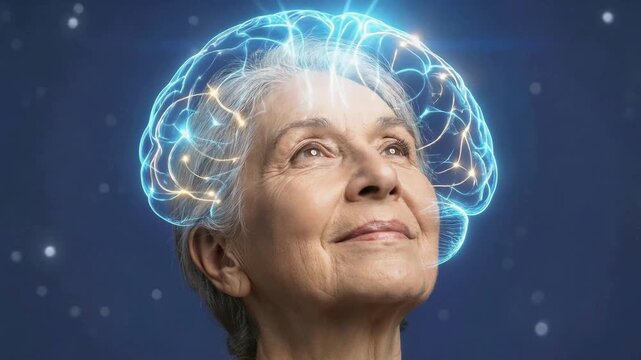 Senior woman with glowing digital brain overlay. Mental health and cognitive function in elderly. Diagonal panning shot.