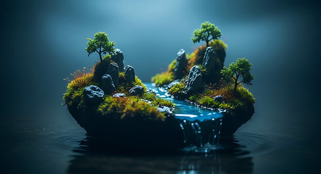 A miniature floating island landscape featuring lush green mossy rocks and a serene flowing stream
