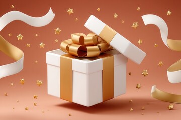 Fototapeta premium White gift box with golden ribbon and floating stars for festive celebration and luxury present