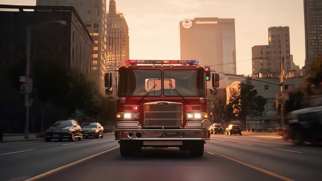 Morning Urban Fire Vehicle Moves Along Illuminated Busy Avenues