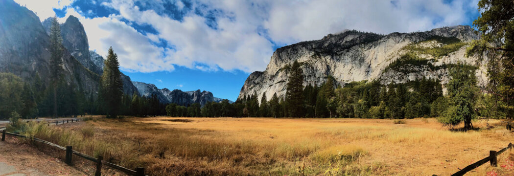 Tuolumne meadows with the view of Cathedral Rocks East and El Capitan during the early fall season, Yosemite National Park, USA