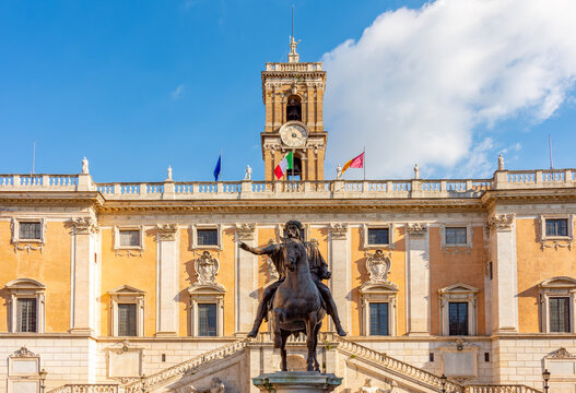 Statue of Marcus Aurelius and Conservators Palace (Palazzo dei Conservatori) on Capitoline Hill in Rome, Italy