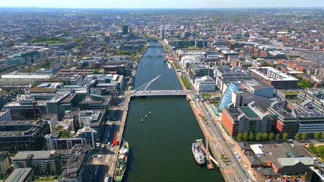 Aerial view of Dublin City Ireland featuring the majestic Liffey River and the iconic Samuel Beckett Bridge
