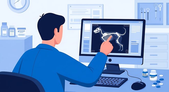 Illustration of a vet examining a dog's X-ray on a computer