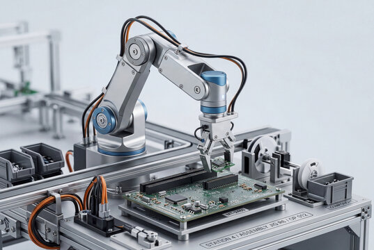 Robot arm assembling component on production line model