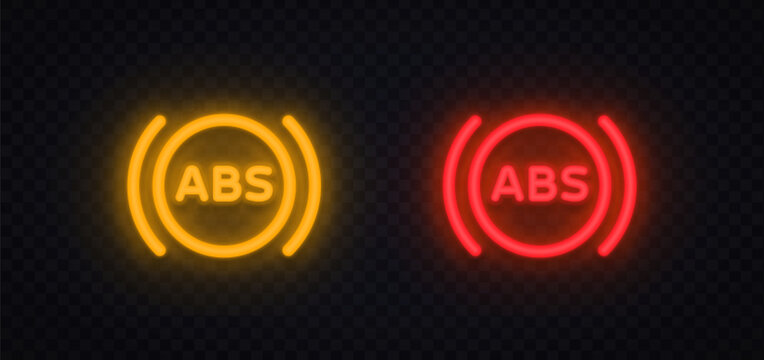 Neon ABS brake system icons with glowing circular design. Bright warning indicators for vehicle safety and control system. Perfect for dashboard alerts and automotive interface.