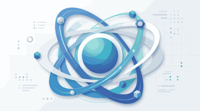 Abstract atom model with orbiting electrons and nucleus in blue and white tones
