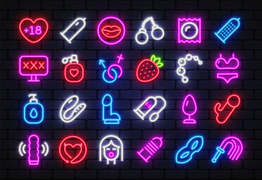 Glowing neon set of adult themed icons on a dark brick wall. Bright vector collection with playful symbols, nightlife mood and modern design for shop banners or web graphics.