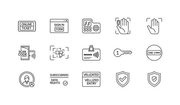 Online authorization ticket, sign in form window, biometric palm scan, digital door controller, scan code square, contactless card