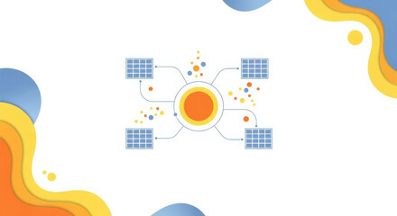 Solar energy concept, minimal conceptual illustration with a central circular sun connected by thin curved lines to simple solar