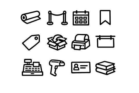 A set of twelve black and white line icons representing retail and
