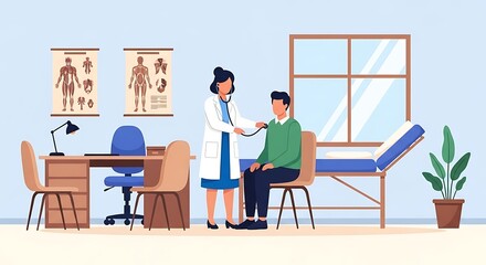 Fototapeta premium Medical professional examining a patient in a well-lit doctor's office, with anatomical charts