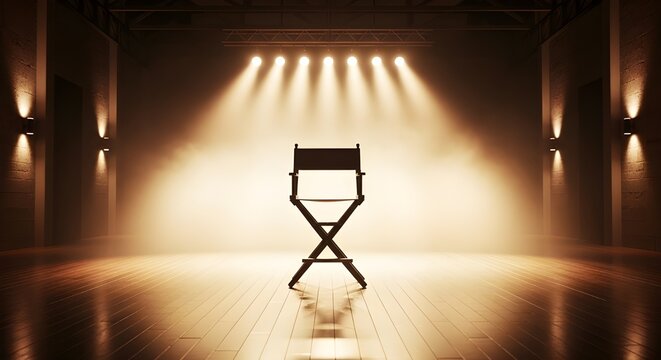 A directors chair sits alone on a stage lit by spotlights shining down on it from above in a dark room with a wooden floor