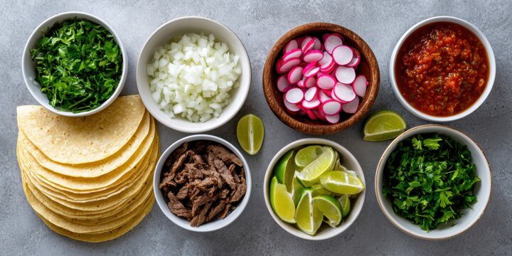 food photography, organized taco ingredients on a clean concrete background corn tortillas, carne asada, onions, cilantro, radish, lime, and salsas