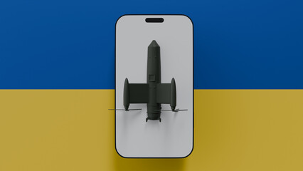 Interceptor drone on a phone with a Ukrainian flag for topics related to military drones
