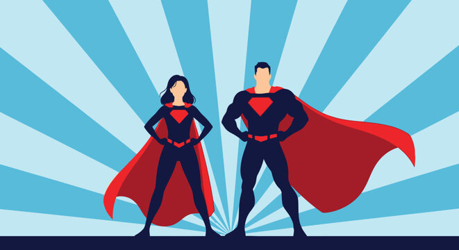 Superhero couple standing strong in silhouette against a vibrant blue sunburst background with flowing red capes