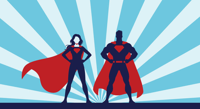 Superhero duo standing strong in bold silhouette against vibrant blue sunburst background