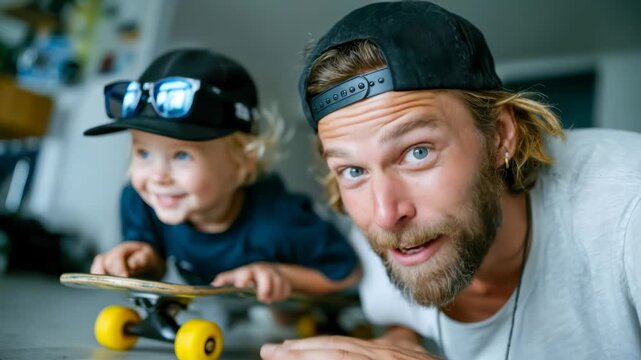 Cheerful father and little son lying on the floor with skateboards, sharing playful family time at home