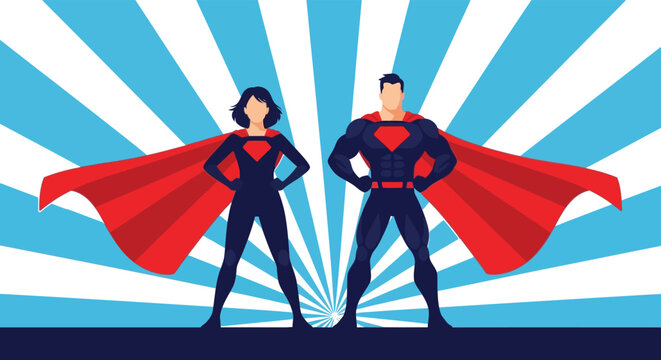 Superhero couple in silhouette standing strong together against a vibrant blue sunburst background silhouette