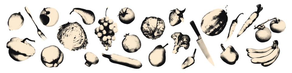 Fruits and vegetables halftone art collage cut outs set. Paper clippings, organic food stickers with vintage dot texture Apple, tomato, cabbage, pepper Modern retro mixed media vector illustration