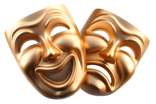golden comedy and tragedy theater masks drama isolated on white background, png, ai generated.