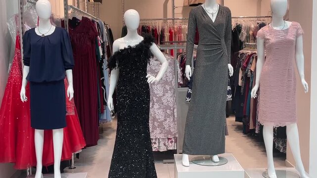 Storefront window with evening dresses and mannequins three mannequins styled in navy shift, black sequined oneshoulder gown, silver wrap maxi