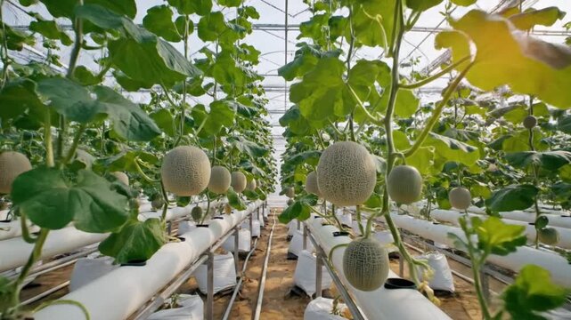 Footage of lush greenhouse plants growing fruit and growth in a hydroponic system