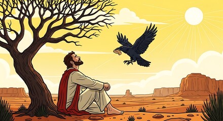 Fototapeta premium Person seated under a tree in a desert watches a raven with food fly by, sun in sky