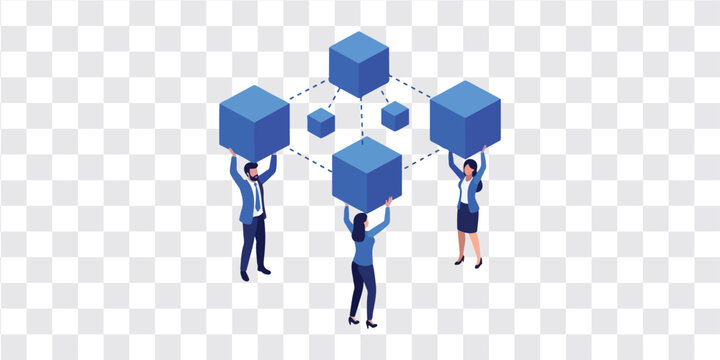Teamwork holding connected cube network business collaboration isometric vector illustration