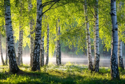 Sunlit birch forest by misty river bank in spring