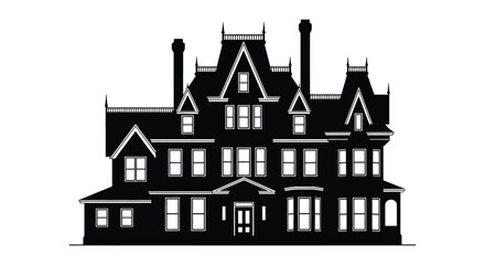 Silhouette of a large victorian style mansion with turrets and chimneys © arfanah02