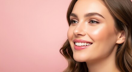 Naklejka premium Close-up portrait of a beautiful young woman with a radiant smile, healthy glowing skin, and natural makeup against a soft pink backdrop, exuding happiness and fresh beauty