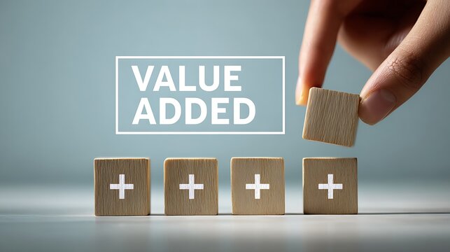 A hand adding value to a series of wooden blocks with plus signs