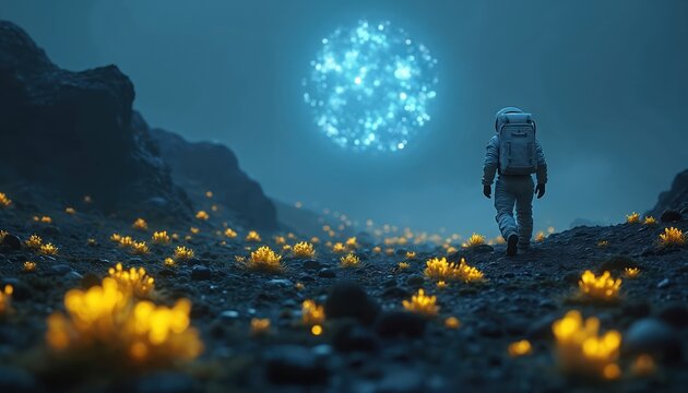 Astronaut walks on alien planet, sees glowing yellow plants and bright blue orb in dark sky. Space explorer researches foreign world, discovers new bioluminescent flora in unknown terrain.