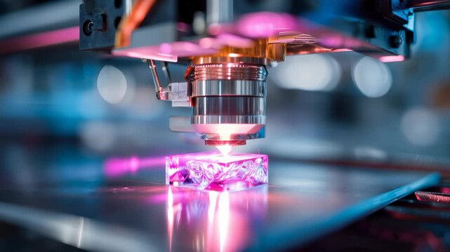 Modern 3D printer creating a transparent decorative object with glowing filament in a high-tech workshop