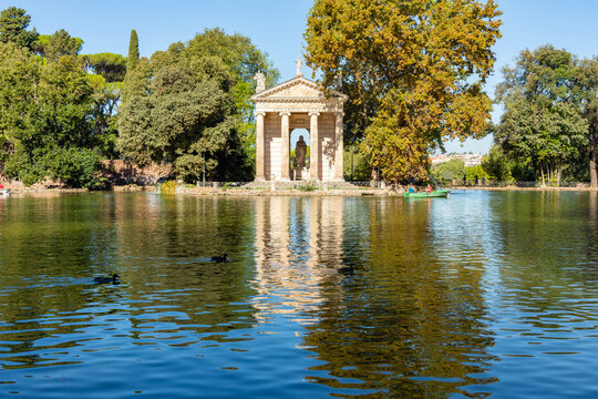 Temple of Aesculapius and pond in gardens of Villa Borghese, Rome, Italy