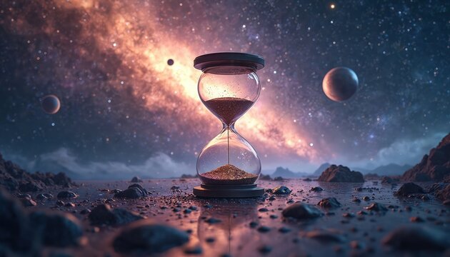 Cosmic hourglass on alien planet surface with galaxy and stars background. Sand flows through glass timer marking passage of universal time. Planets float in nebula cloud.