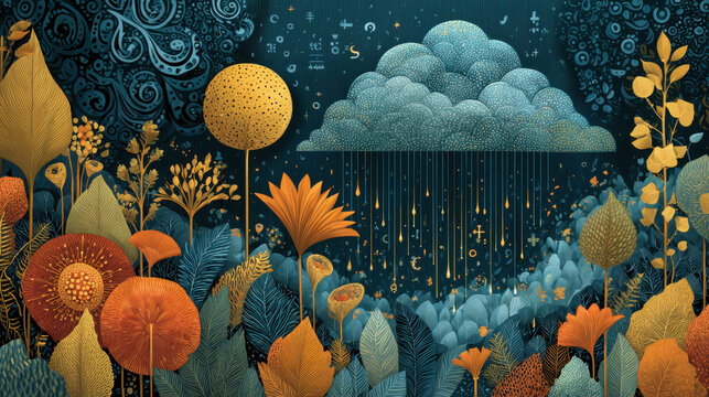 Digital literacy concept with colorful fantasy flowers and raining cloud in artistic nature background