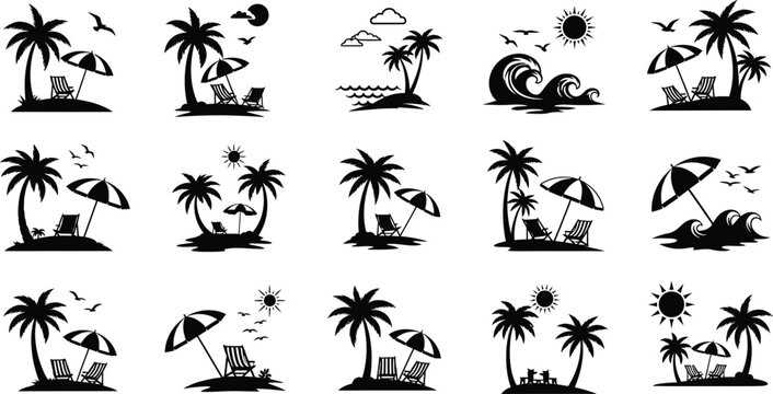 Beach silhouettes isolated on transparent background with palm trees and people