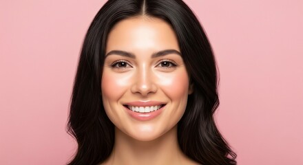 Fototapeta premium A close-up headshot of a happy young woman with flawless skin and a radiant smile, showcasing natural beauty against a soft pink background