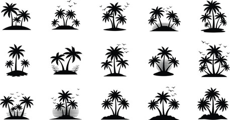 Collection of palm tree silhouettes isolated on transparent background © mdkamran