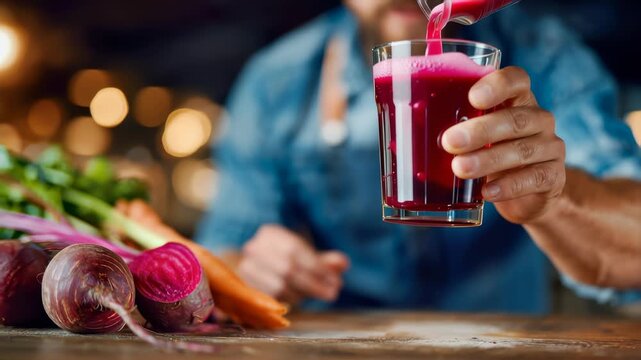 Man pouring fresh beet juice into a glass beside raw beets and vegetables in a rustic kitchen