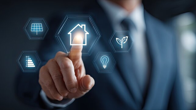 Smart home energy management concept presented with futuristic interface, saving energy