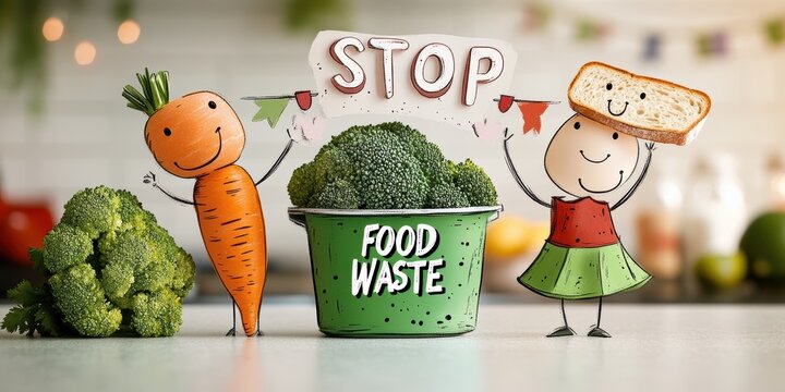 food waste awareness, a lively cartoon postcard showing joyful food characters, a playful compost bin, and a vibrant stop food waste banner in a festive kitchen scene