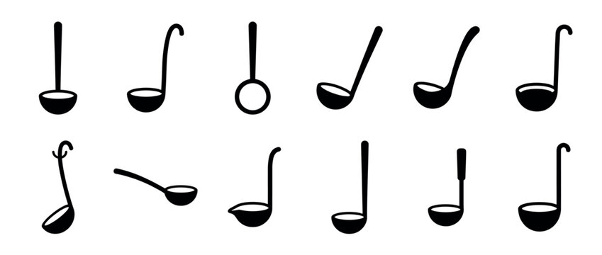 Twelve black silhouette kitchen ladles presented in a clean, graphic style, showcasing various designs for cooking and serving utensils