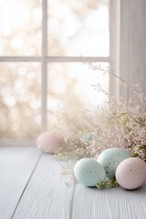 Obraz premium Pastel Easter eggs by window with soft light and spring decoration background